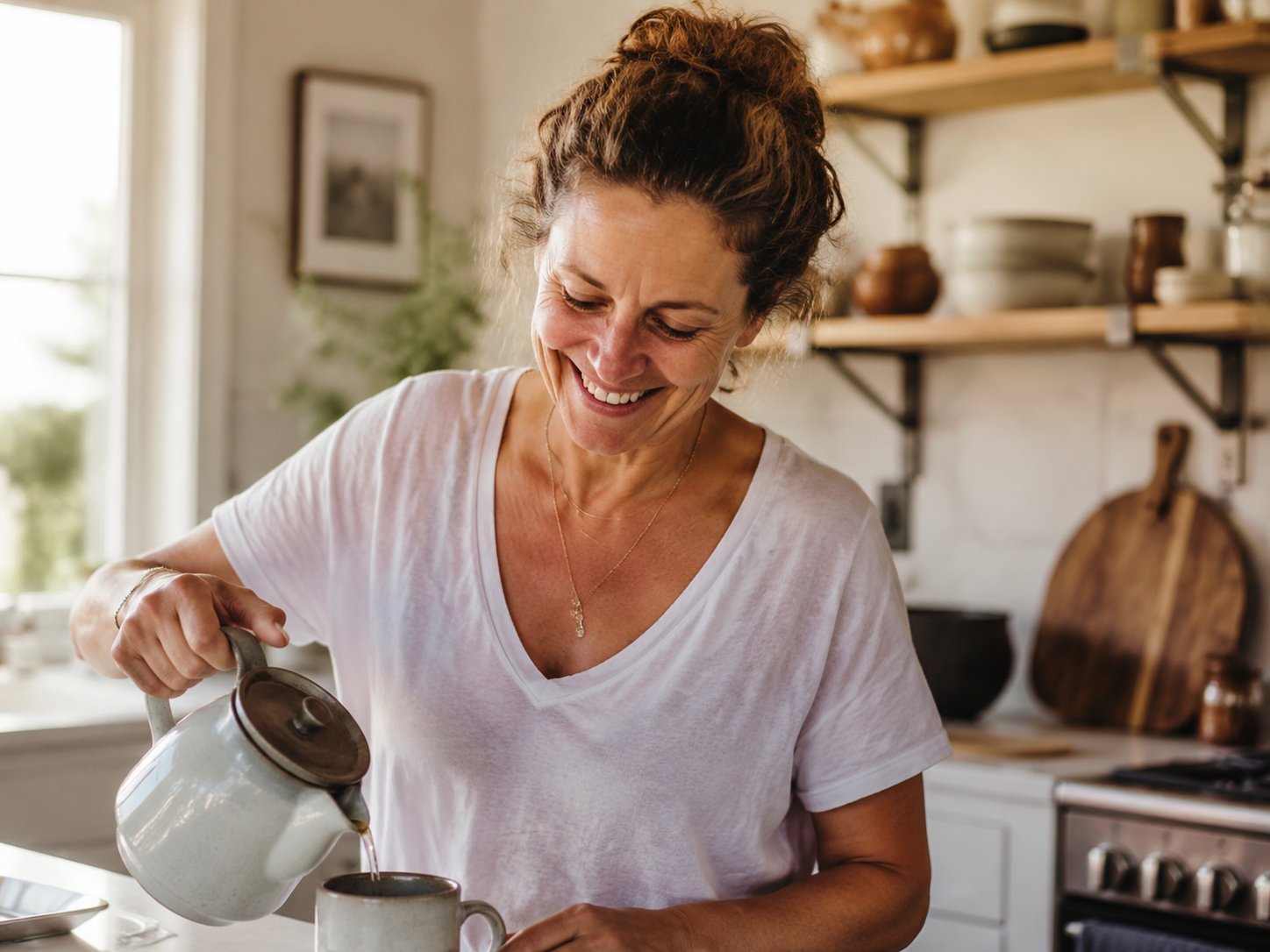 Una donna prepara una bevanda calda nella sua cucina