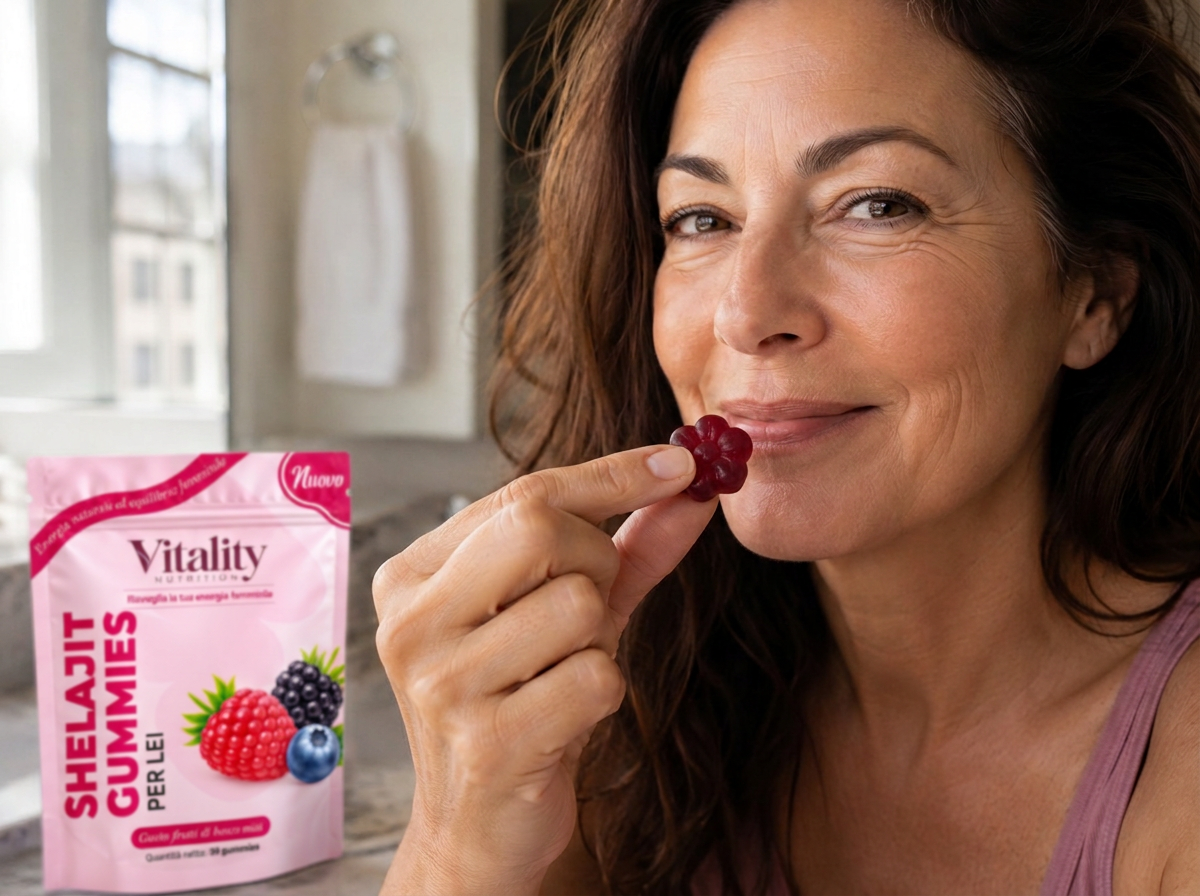 Una donna con una gummy e la confezione italiana Vitality Nutrition